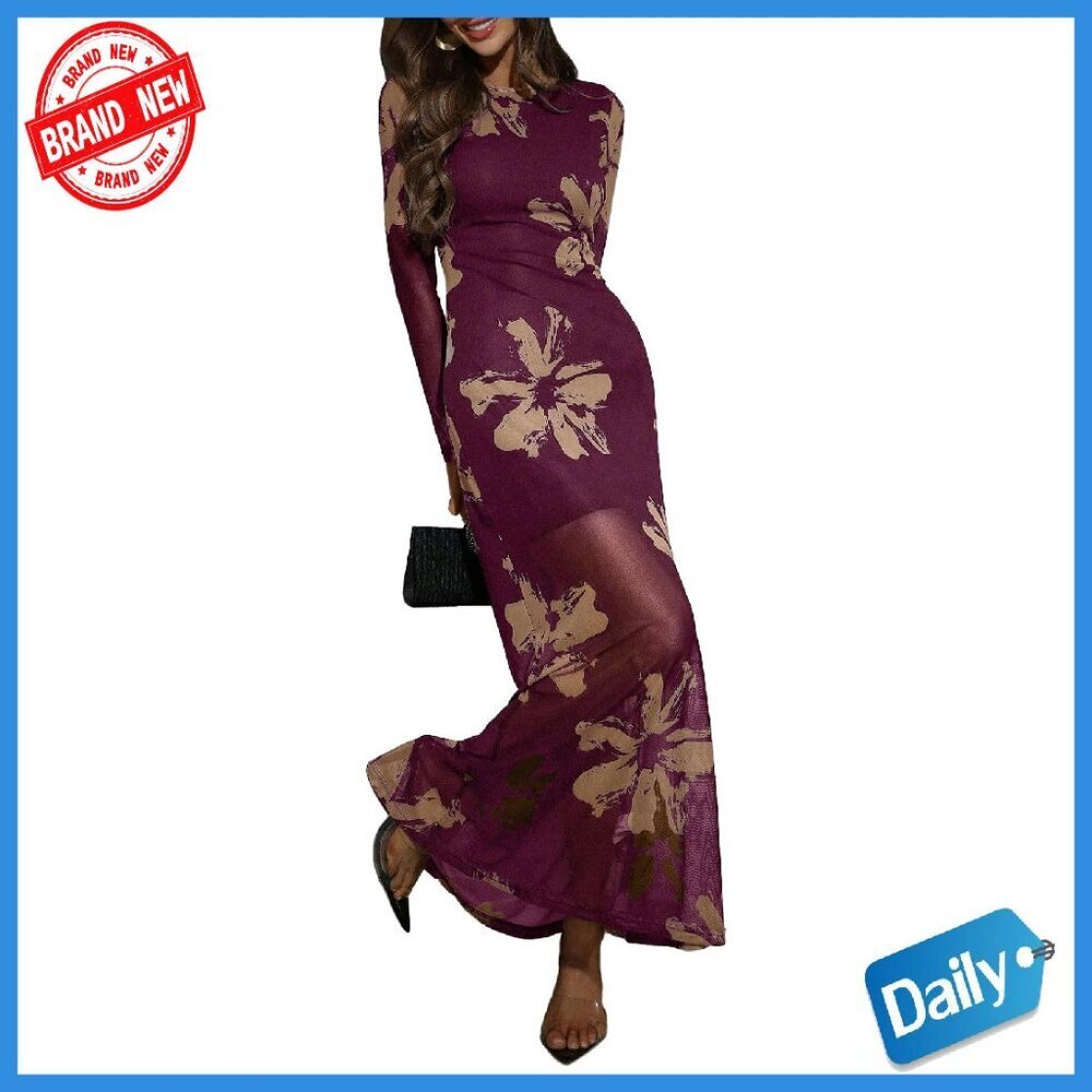 Floral Mesh Maxi Dress Long Sleeve Formal Cocktail Wedding Guest